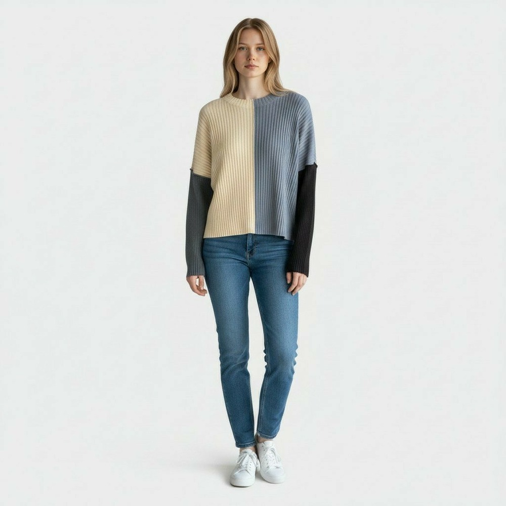 Kerisma Colorblock Ribbed Drop Sleeve Sweater Multi Neutral Grey Cream M/L